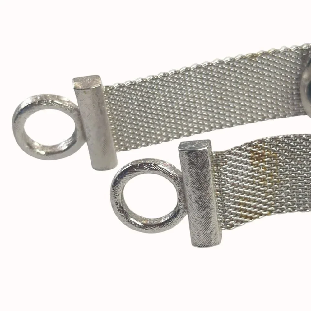 Vintage Dante Cufflinks Oval Black Cabochon Silver Tone Mesh Fold